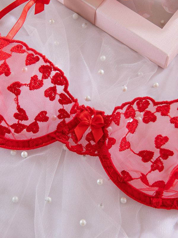 Lace Mesh Embroidered Bra Love Bow Tie Red Underwear Set