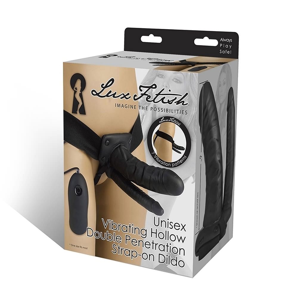 Unisex vibrating hollow double penetration strap-on dildo