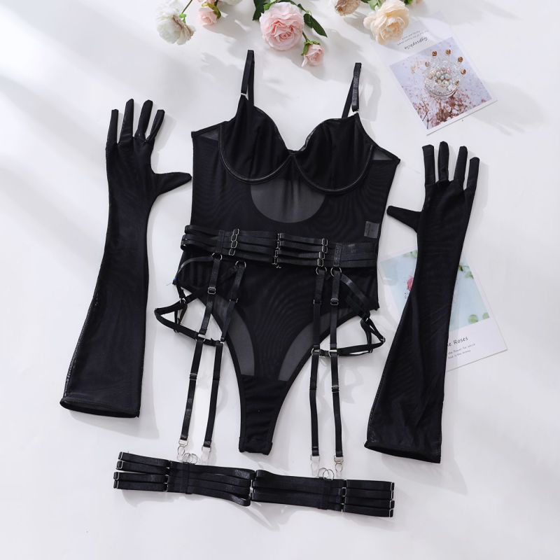 Sinister Bloom – Bandage Mesh Erotic Fantasy one-piece bodysuit with gloves