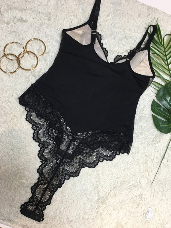 Stitched in Desire – Sling Lace Seduction One-Piece