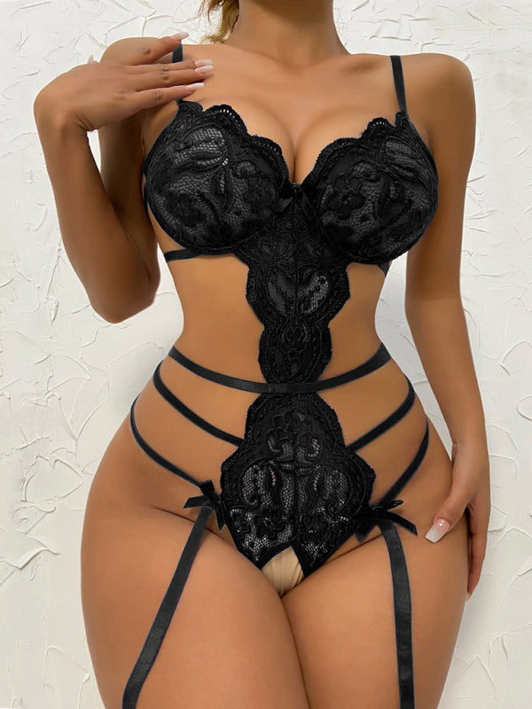 Sexy Hollow Lace Suspender Bodysuit – Women’s Erotic One-Piece Lingerie