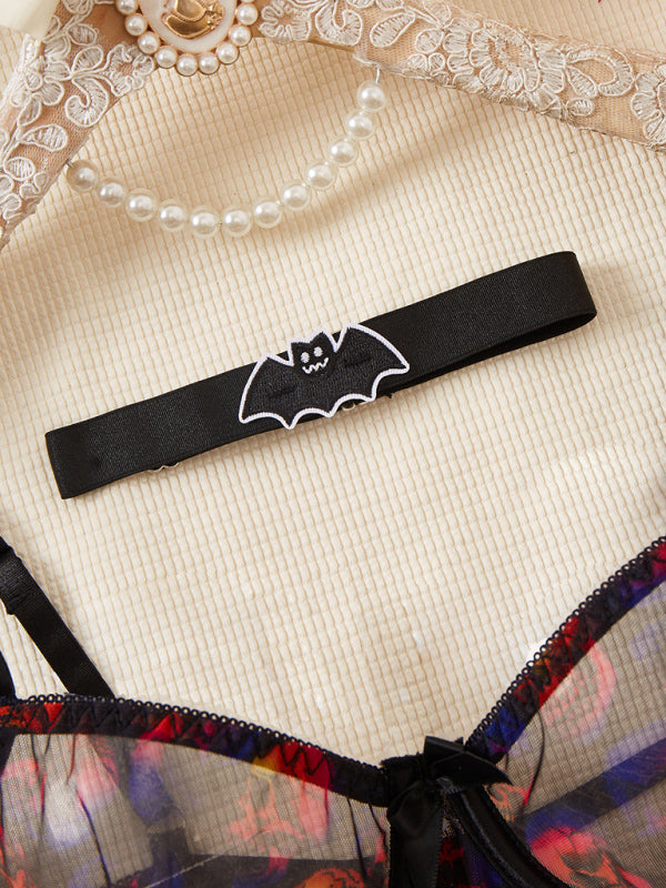 Gothic Tease – Bat Neck & Skull Print Fantasy