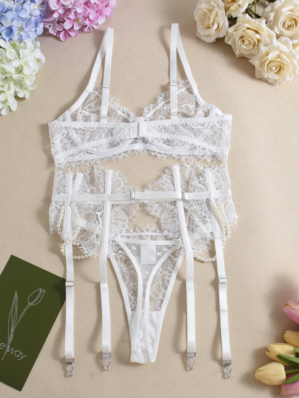 Pearl Obsession – Eyelash Lace Seduction Bra Set Removable Fishbone