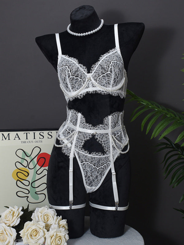 Pearl Obsession – Eyelash Lace Seduction Bra Set Removable Fishbone