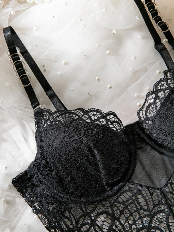 Sculpted Sin – Suspender Lace Hollow Bodysuit