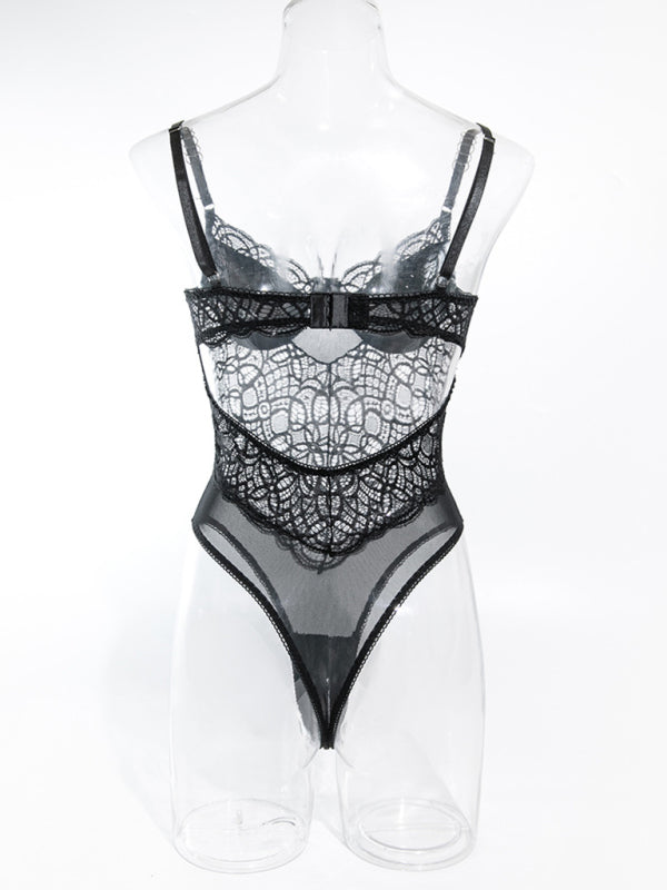Sculpted Sin – Suspender Lace Hollow Bodysuit