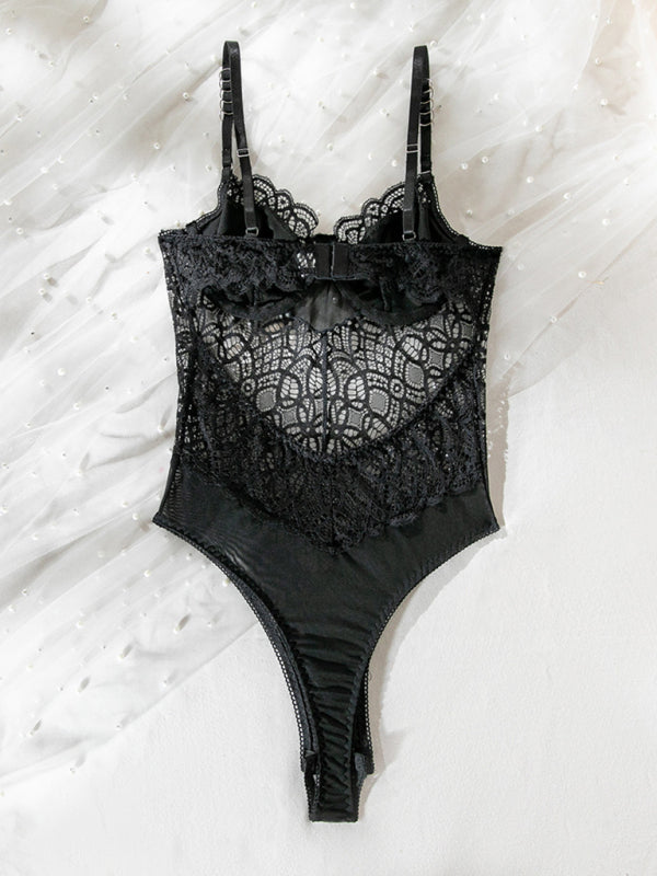 Sculpted Sin – Suspender Lace Hollow Bodysuit