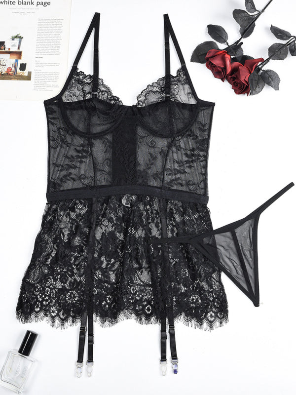 Ethereal Desire – Lace Nightgown with Irregular Hem